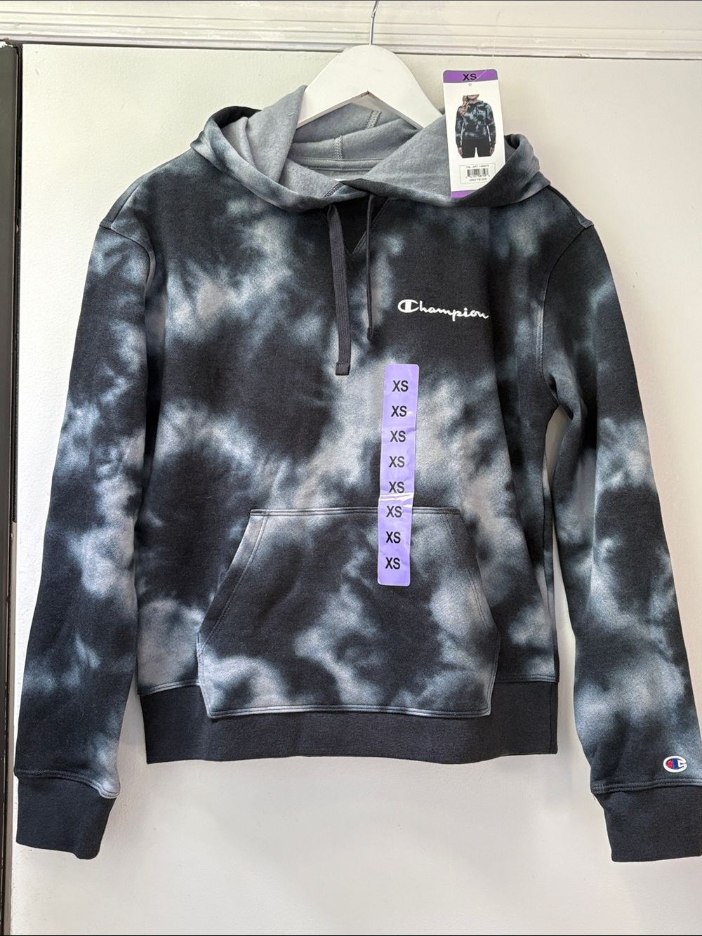 NWT Champion Cotton Gray-Black Tie Dye Fleece Lined Hoodie Women's Size XS !!
